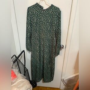 Commense Dark Green Long Sleeve Floral Midi Dress